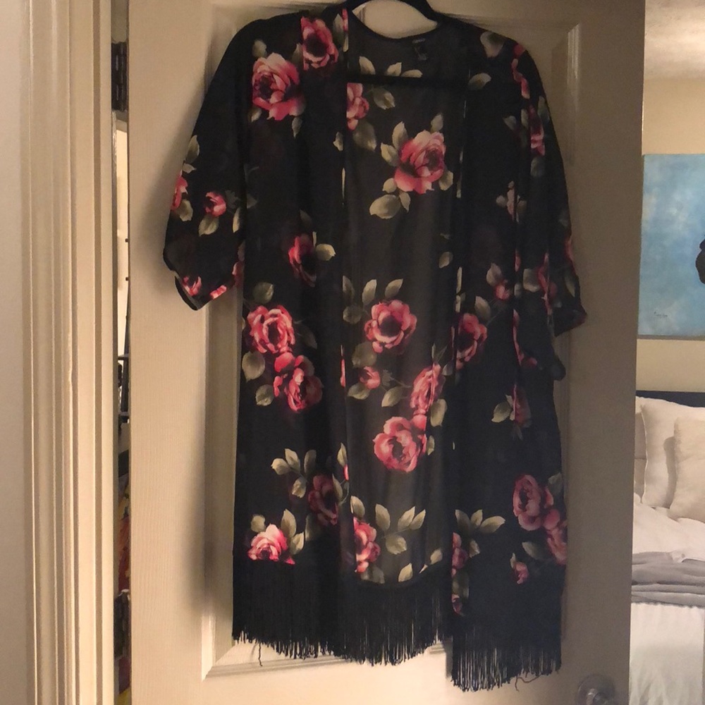 Sheer, rose, tassel cover up/kimono